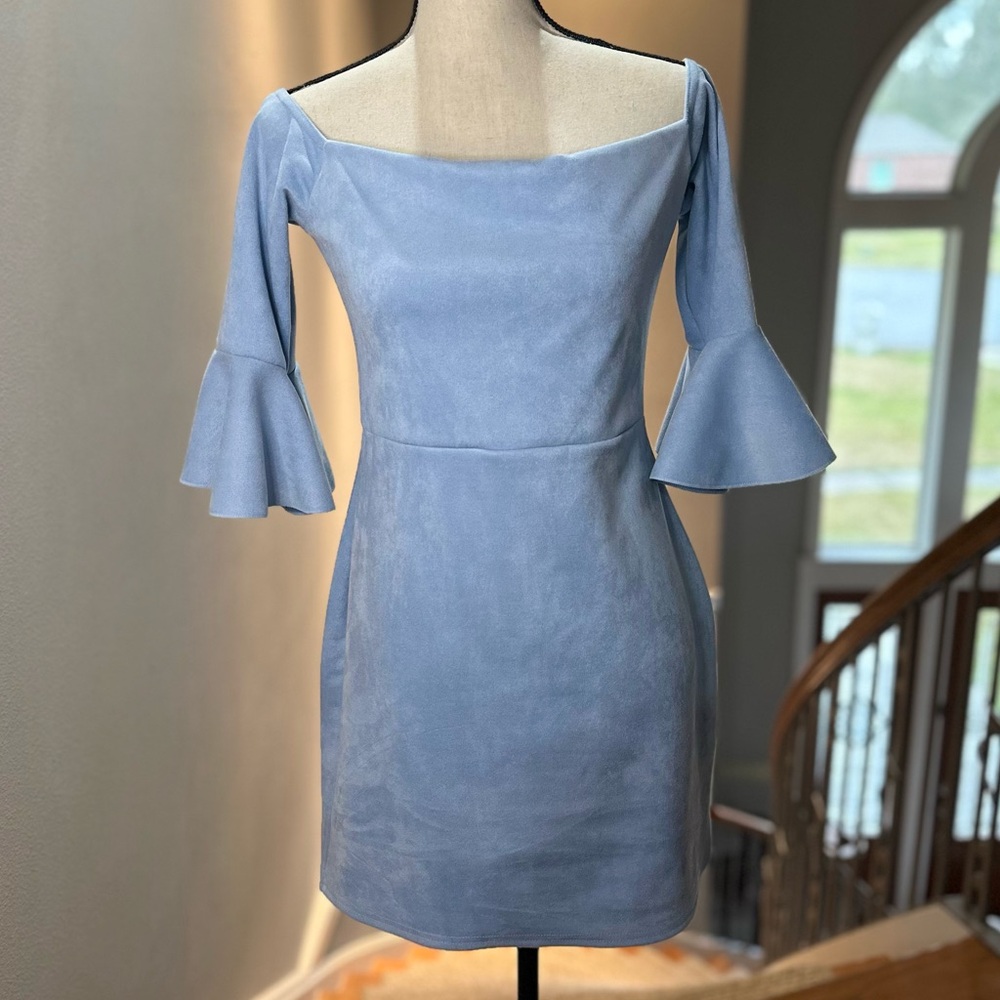Missguided Strapless Baby Blue Suede-like Mini Dress with Ruffle Sleeves